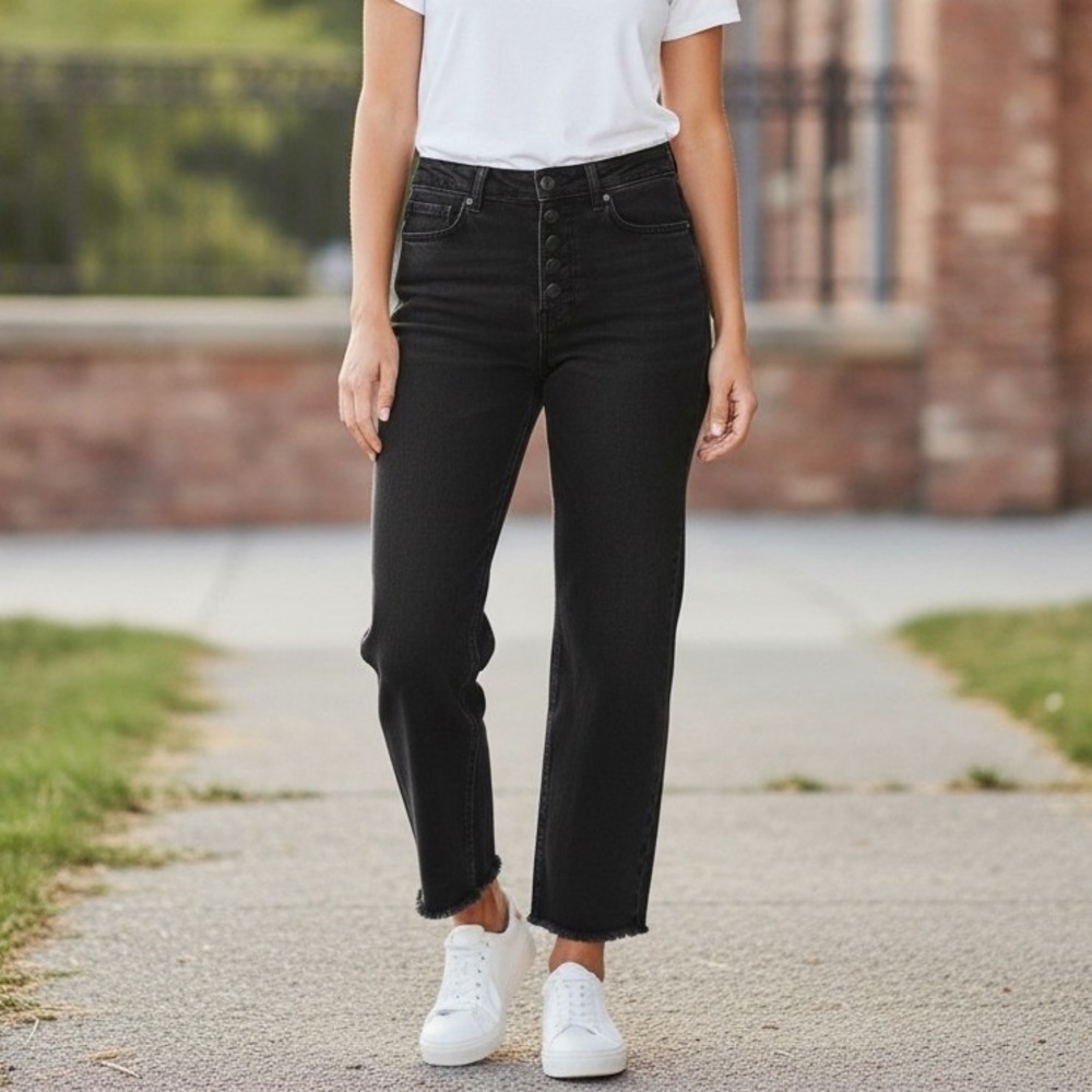 JBD Just Black Denim High Rise Button Fly Straight‎ Leg Jeans Washed Black 30